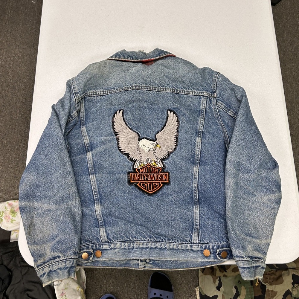Harley-Davidson Denim Jacket Mens M Blue Flannel Lined Eagle Patch Distressed